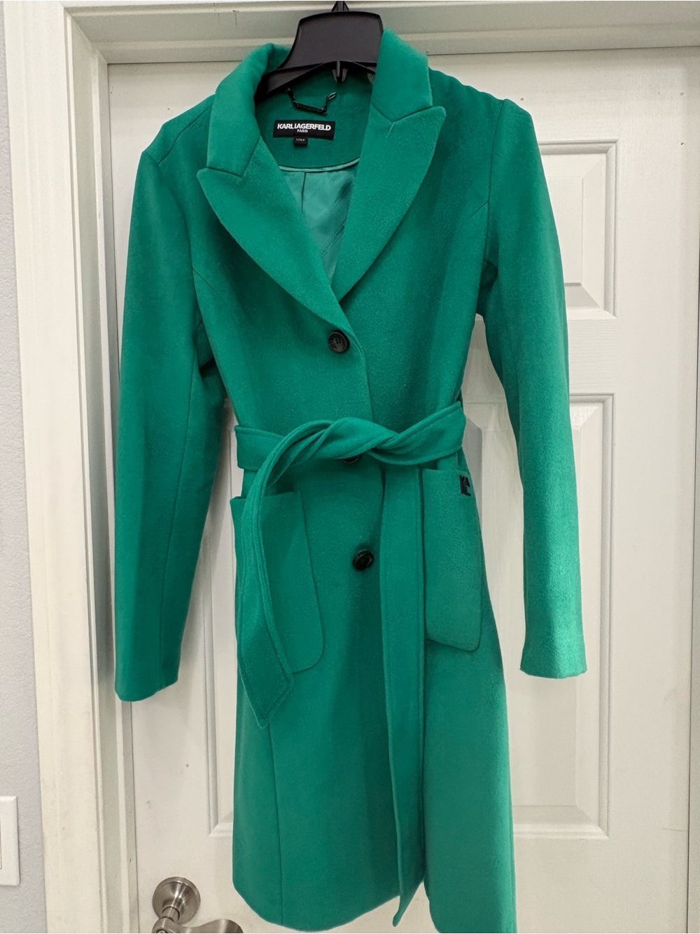 Karl Lagerfeld Emerald Green Belted Wool-Blend Trench Coat